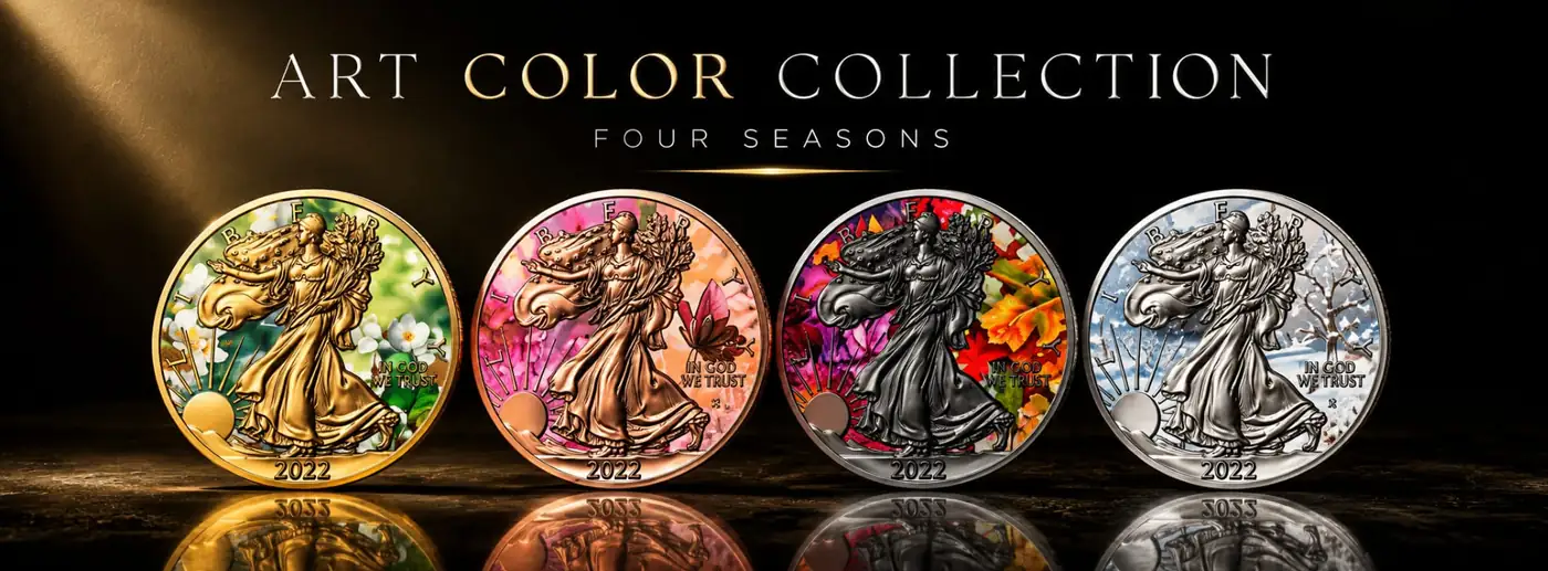 Štyri kolorované strieborné mince American Eagle 2022 z kolekcie Art Color Collection Four Seasons: jar, leto, jeseň a zima