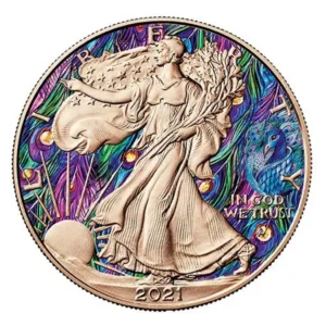 1 oz strieborná minca American Eagle 2021 – Páv, Spirit Animals, Art Color Collection – druhá strana