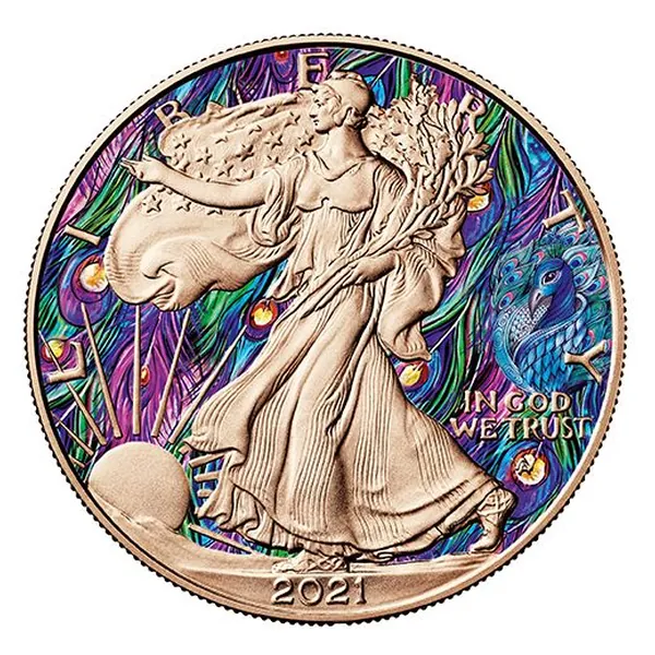 1 oz strieborná minca American Eagle 2021 – Páv, Spirit Animals, Art Color Collection – druhá strana