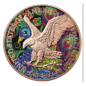 1 oz strieborná minca American Eagle 2021 – Páv, Spirit Animals, Art Color Collection