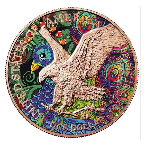 1 oz strieborná minca American Eagle 2021 – Páv, Spirit Animals, Art Color Collection