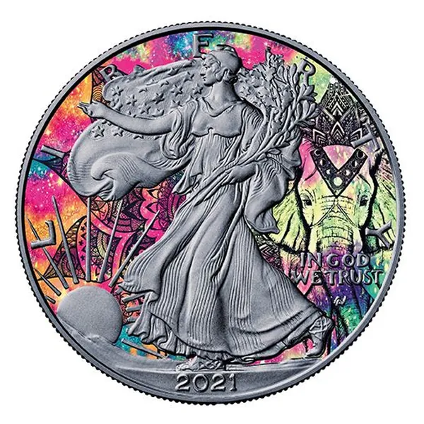 1 oz strieborná minca American Eagle 2021 – Slon, Spirit Animals, Art Color Collection – druhá strana