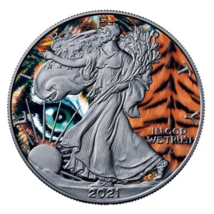 1 oz strieborná minca American Eagle 2021 – Tiger, Spirit Animals, Art Color Collection – druhá strana