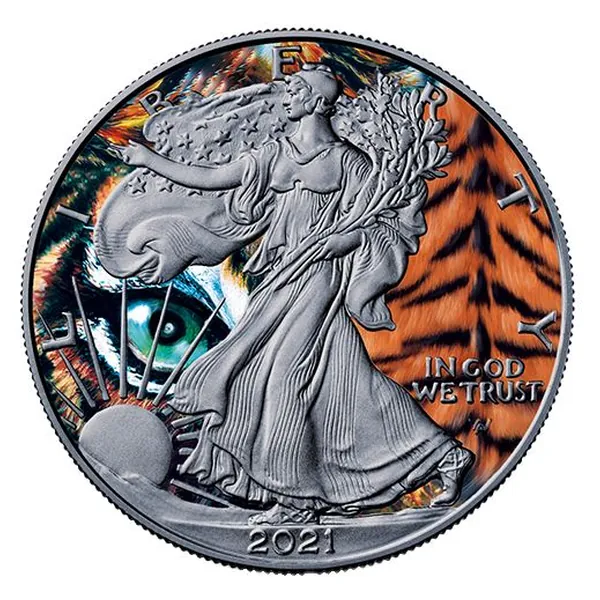 1 oz strieborná minca American Eagle 2021 – Tiger, Spirit Animals, Art Color Collection – druhá strana