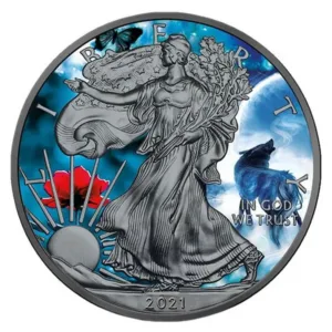 1 oz strieborná minca American Eagle 2021 – Vlk, Spirit Animals, Art Color Collection – druhá strana