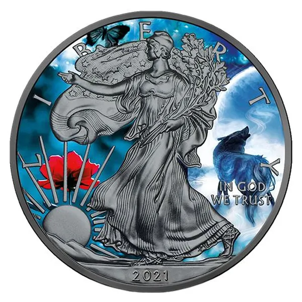1 oz strieborná minca American Eagle 2021 – Vlk, Spirit Animals, Art Color Collection – druhá strana