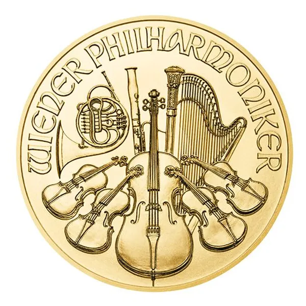 1 oz zlatá minca Wiener Philharmoniker – rôzne ročníky – druhá strana