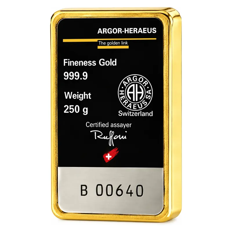 250 g zlatý zliatok Argor-Heraeus – liaty – druhá strana